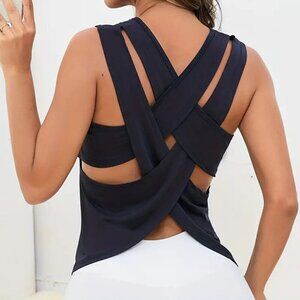Backless Criss Cross Design Crew Neck Top (Color: NAVY BLUE) (Size: S-M-L)